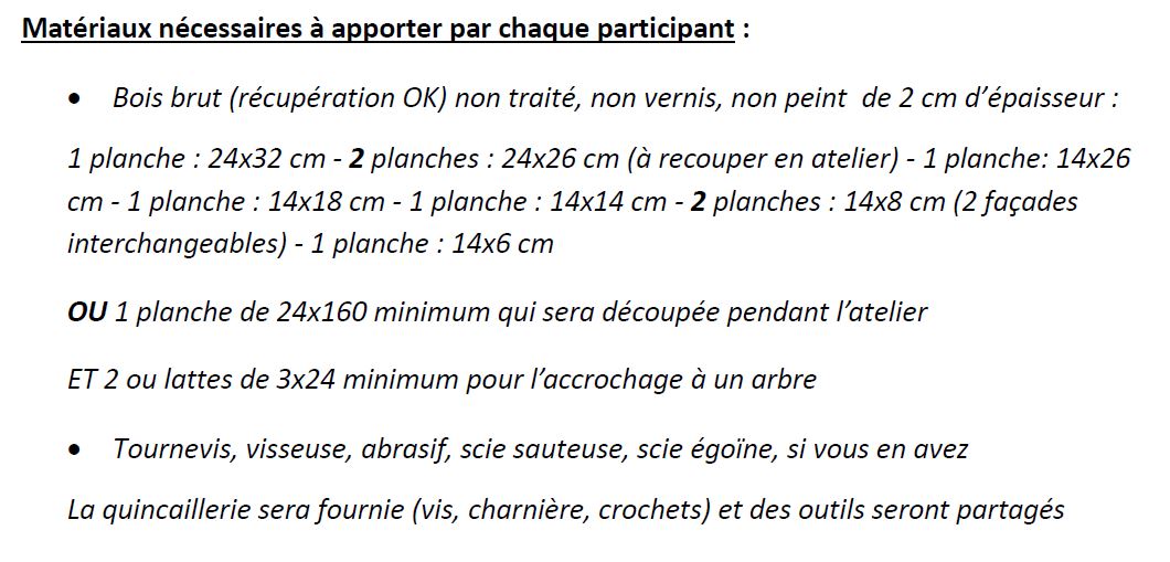 Matériaux nichoir à oiseaux