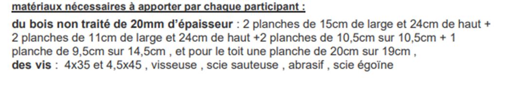 Matériel pour le nichoir