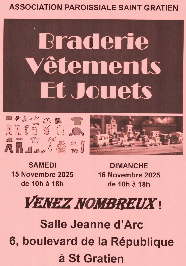 Braderie vêtements et jouets - Saint-Gratien - 15 et 16 novembre 2025 Braderie vêtements et jouets - Saint-Gratien - 15 et 16 novembre 2025