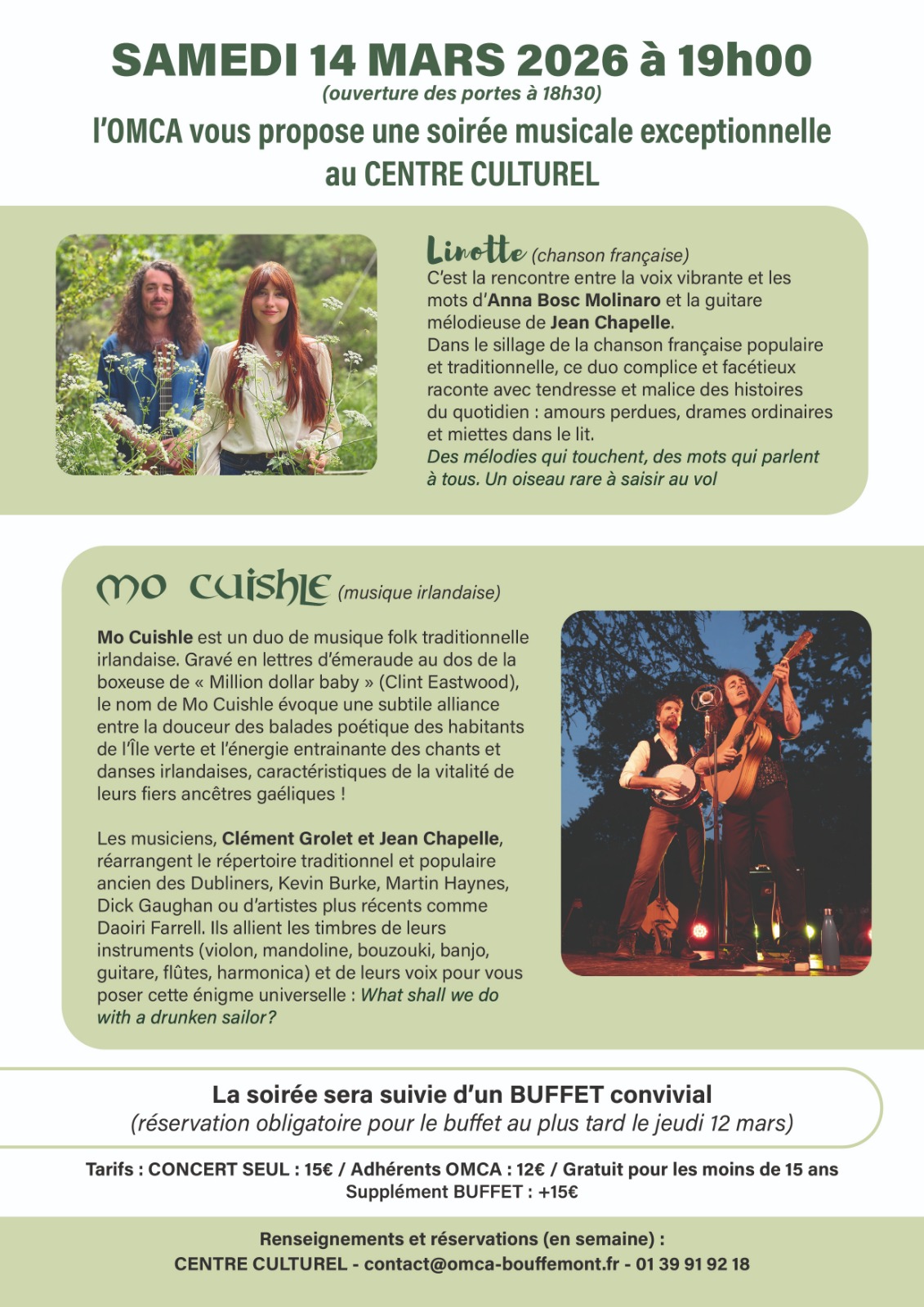 CONCERT Cuishle - Linotte - 14 mars 2026 &agrave; Bouff&eacute;mont