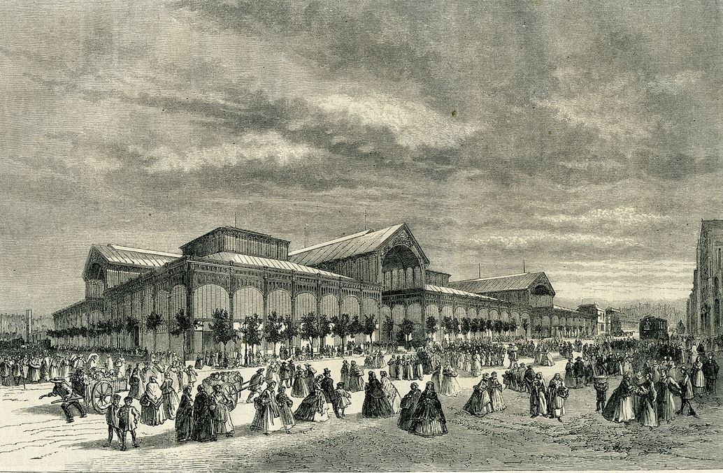 Les Halles de Paris - Halles centrales de Paris. – Vue générale. — Dessin de Lancelot reproduit dans Magasin Pittoresque