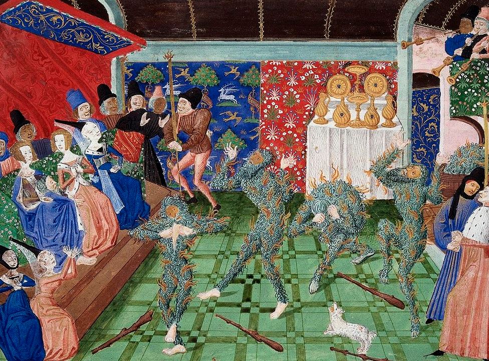 Représentation du Bal des ardents. Miniature attribuée à Philippe de Mazerolles, tirée d'un manuscrit des Chroniques de Froissart