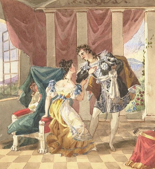 Les noces de Figaro : Le comte fait des avances à Suzanne tandis que Chérubin est dissimulé sur le fauteuil