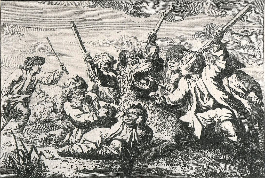 llustration du combat de Jacques Portefaix et ses compagnons contre la Bête. L'un des enfants tient sa joue, en partie arrachée par l'animal. Paris, BnF, 176432.