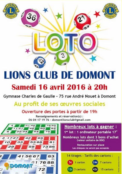 LOTO LIONS CLUB DE DOMONT  SAMEDI 16 AVRIL 2016