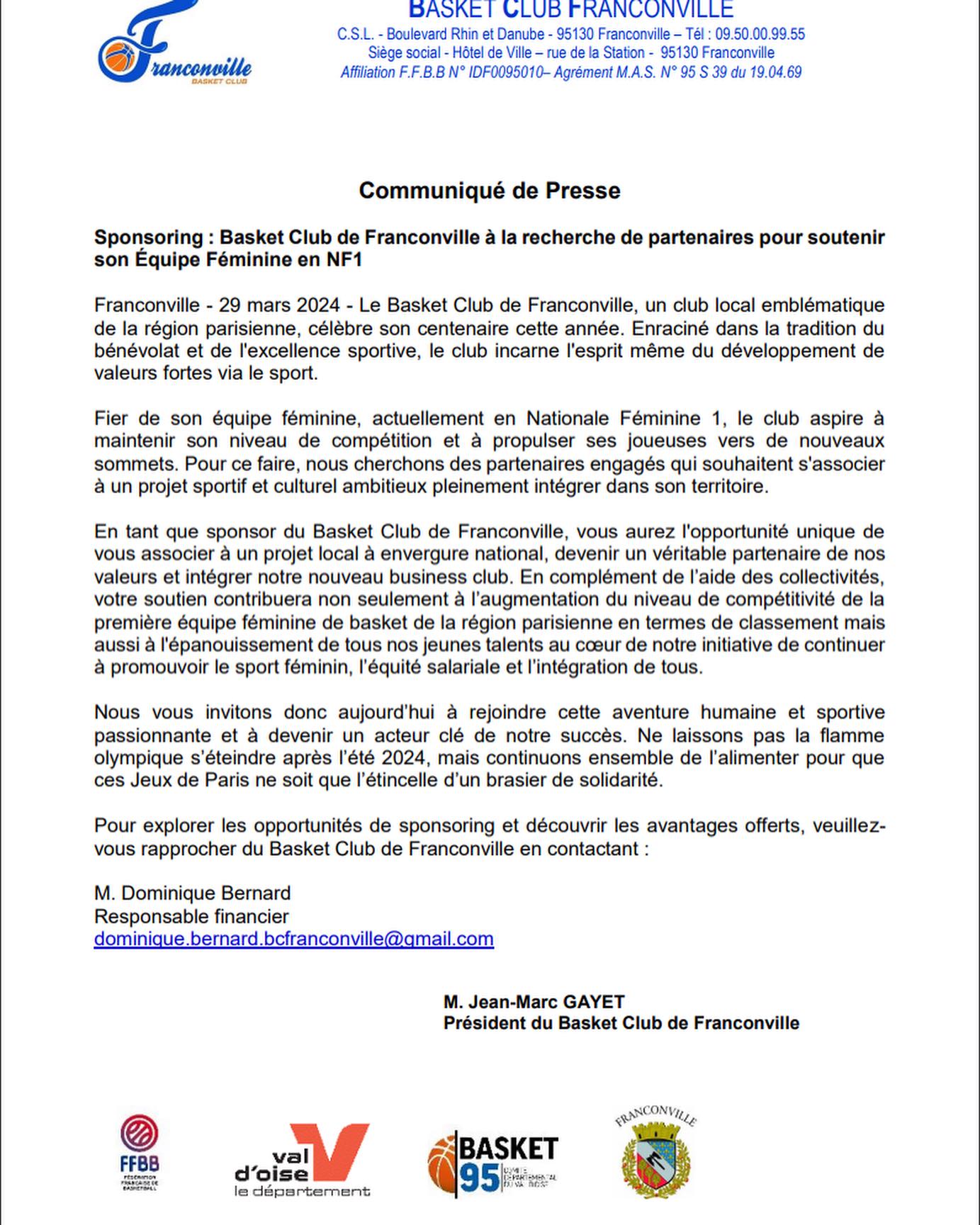 Communiqué de presse Basket Club Franconville