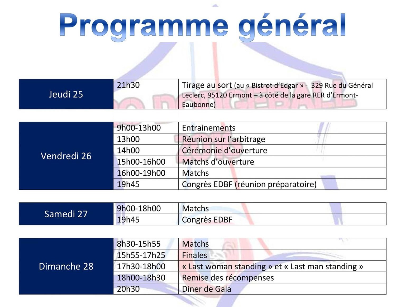 Programme du Chmpionnat d'Europe de Dodgeball